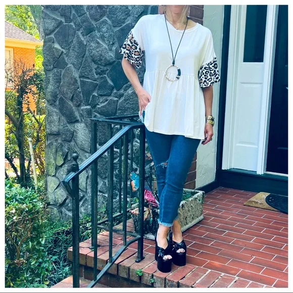 #26 Boho Leopard Trim sleeves tunic soft Flowy baby doll top - Picture 3 of 10